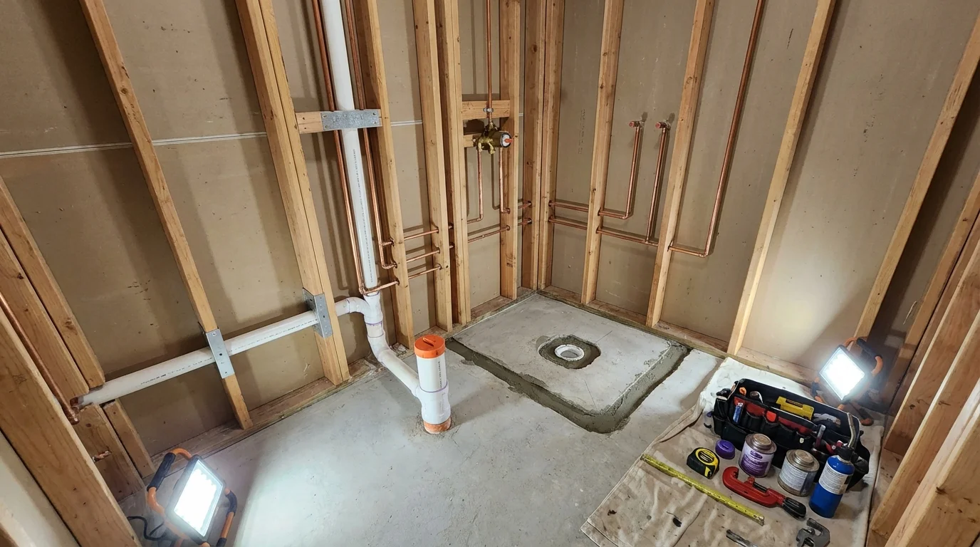 Bathroom rough-in plumbing during remodel by Johns Plumbing LLC in Monmouth Beach