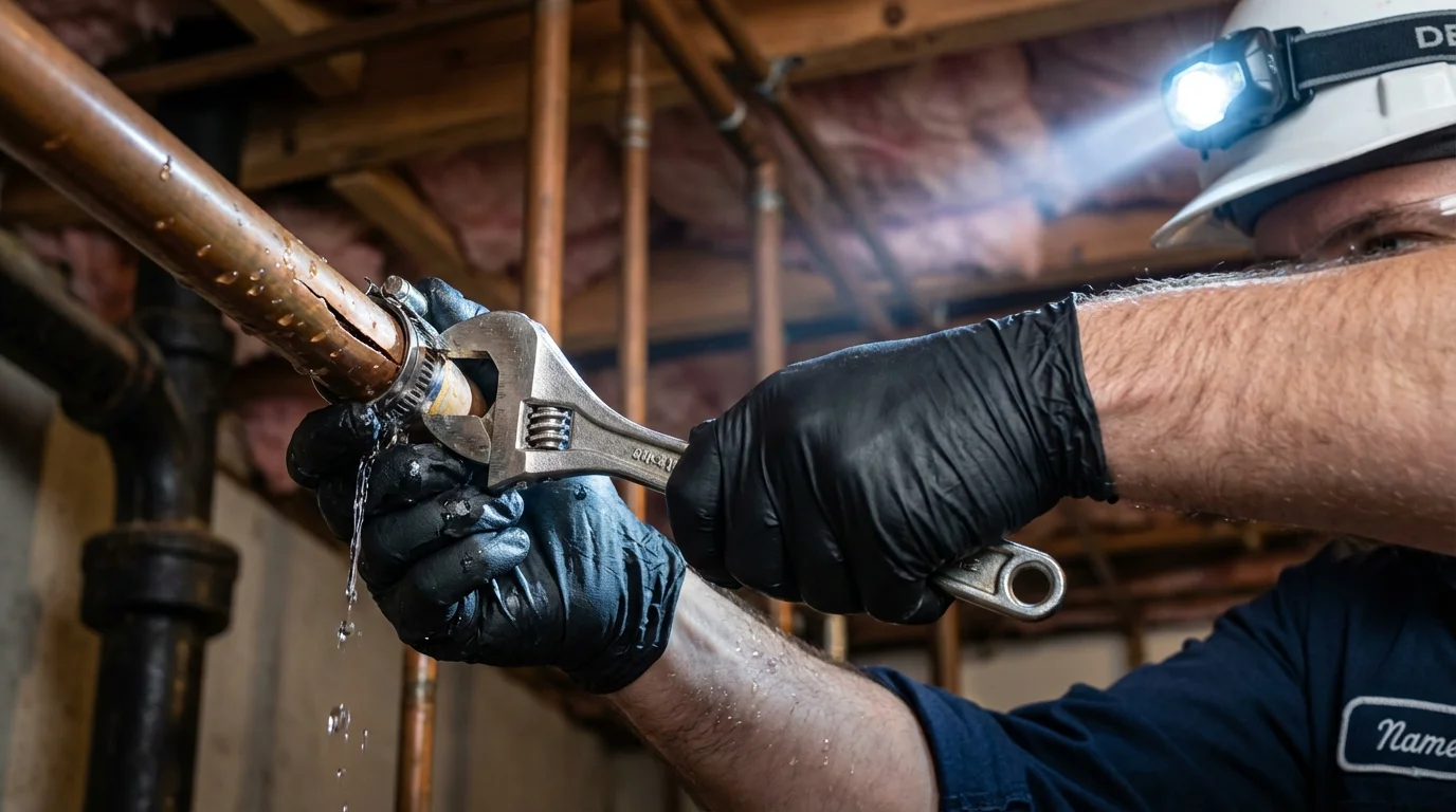 Emergency pipe clamp repair being performed by a Johns Plumbing LLC plumber in Monmouth Beach