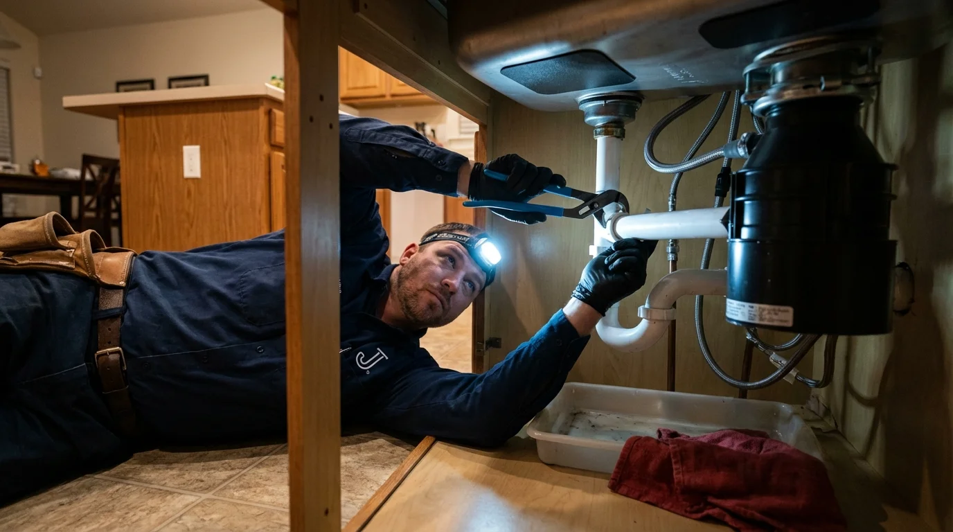 P-trap and supply line connections under a kitchen sink showing a common leak point in Monmouth Beach, NJ